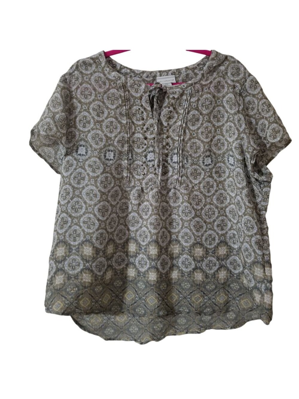 Liz Claiborne Womens XXL Boho Paisley Short Sleeve Blouse Rayon Blend Green/Whit